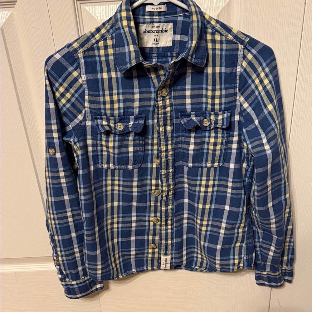 Abercrombie Kids Blue and Yellow Plaid Lightweight Flannel Shirt